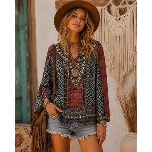 Tolani Boho Patchwork Blouse Tunic Floral Ethnic Top Size L